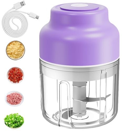 BAIFULAI Trituradora eléctrica, cortadora de cebolla 320 ml, mini multitrituradora con puerto USB, 6 cuchillas de acero inoxidable, chhopper recargable, trituradora de verduras para cortar