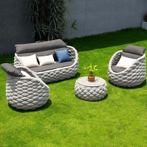 Homary 4-Sitzer Outdoor Gartenmöbel Set – Wetterfestes Lounge Sofa mit 2 Drehstühlen & Couchtisch, Handgewebtes Seil & Aluminium, UV-beständig & Wasserfest, Perfekt für Terrasse, Balkon & Garten