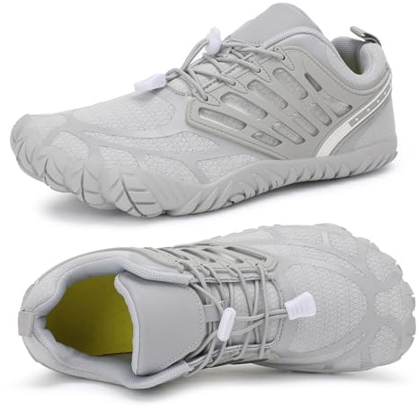 MeXYZ Zapatos de senderismo descalzos para mujer, puntera ancha, cero caída, minimalistas, para entrenamiento, crosstrainer, caminar, senderismo, calzado con tierra acuática, Grisclaro, 39 EU