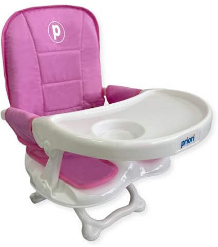 Priori Baby London Trona Portátil Plegable para Bebé con Patas Rebatibles – Asiento Elevador para Comer con Arnés de 3 Puntos, Correas de Seguridad Funda Lavable Ligera para Viaje, Hasta 15 kg (Rosa)