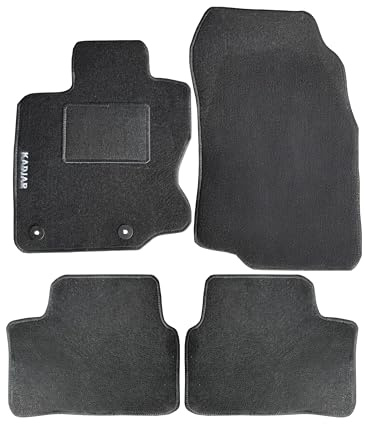 Rebeca Shop Tappetini auto compatibili per Kadjar, tessuto in moquette nera, set tappeti sagomati anteriori e posteriori, logo ricamato, battitacco e 2 clip di fissaggio