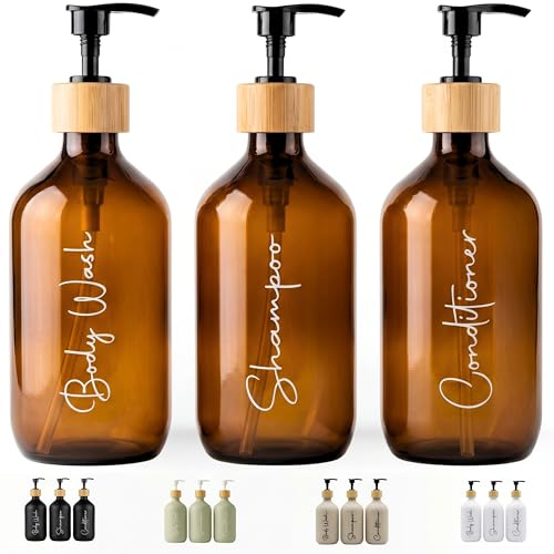 FCINNOVA Dispensador Jabon Baño Ambar 500ml Set de 3 Botes para Gel y Champu Acondicionador Embudo para Rellenado Este Dosificador Jabon Baño es Elegante practico y mantendra su Ducha ordenada