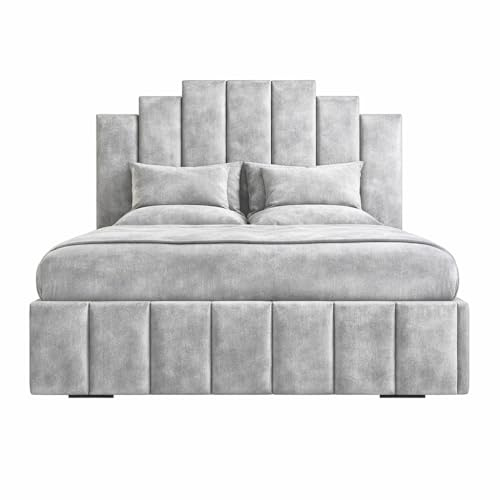 Luxury Plush Velvet Art Deco Ottoman Storage Bed Frame with Headboard – Modern Gas Lift Up Base – Premium Upholstered Bedroom Furniture – UK Made (Push Silver, 4ft 6in Double) | Plush velvet