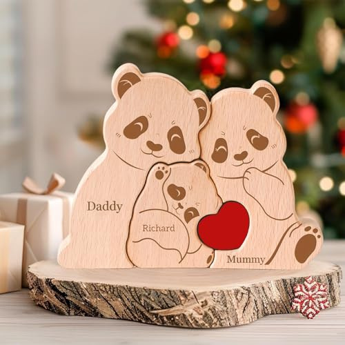 Personalized Wooden Bear Puzzle with 2-7 Family Name Custom Family Name Sculpture, Personalised Gifts for Mom Dad Kids Grandma Mother’s Day, Birthdays Anniversary (D-1)