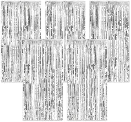 leruiyezs Lametta Vorhang 5 Stück 1m x 2m Glitzervorhang Lametta Party Deko mit Folienfransen für Halloween Geburtstag Krimidinner für Rip 20s Abschluss Vampir Mottoparty (Silber)