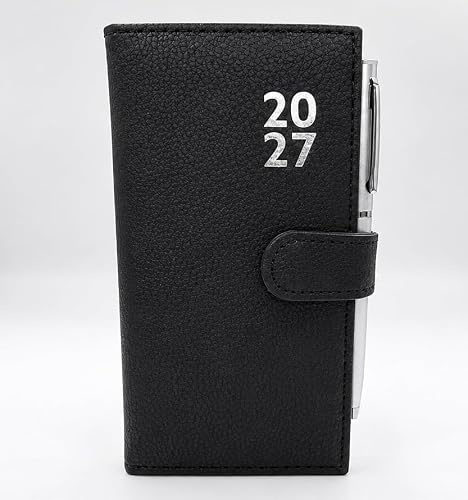Sixstore 2027 Week to View Slim Diary Soft Leather Feel 16 x 8.5cm Size Journal with Pen, Black