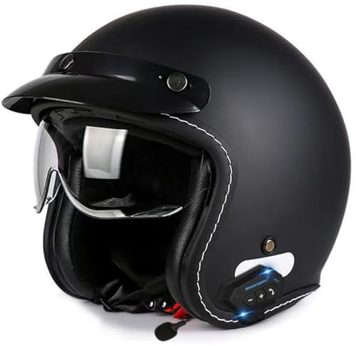 Motorrad Jet Helm mit Visier Vintage Motorrad Bluetooth Helm ECEDOT Zertifizierung Motorrad Offener Helm Für Erwachsene Männer Frauen Retro 3/4 Scooter Halbhelme Rollerhelm