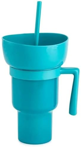 Tumbler Popcorn Bucket, Snack Bucket with Straw for Drinks Cup, Bowl Combo with Straw Heat-Resistant Snack Containers for Travel, Park Theater Cinemas Home (Blue)