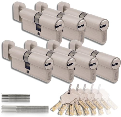 Set di 7 Cilindri con Pomello in Ottone 45/45mm con Chiave Unica, 35 Chiavi Incluse, 14 Viti, Serrature Universali per Porte e Garage, Lunghezza 90mm, Montaggio Facile