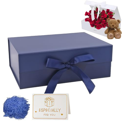 Dark Blue Gift Box with Lids 22x16x8.8 cm,Magnetic Gift Box Luxury Present Box with Ribbon Greeting Card Shredded Paper for Holidays Wedding Birthday Gift Packaging Party Gift Boxes