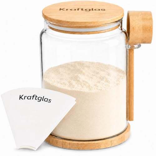 Kraftglas Whey Proteinpulver Aufbewahrung – Luftdichtes Vorratsglas 2300ml aus Borosilikatglas BPA-frei mit Deckel, Löffel, Untersetzer & Trichter – ideal für Protein & Supplements