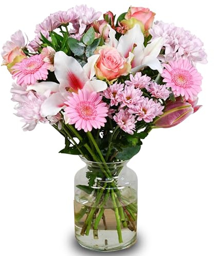 Fleur De Luxe Pink Simplicity Bouquet - Blush Roses, Chrysanthemums, Germini, Lily & Alstroemeria for Romantic Birthdays & New Baby Girl