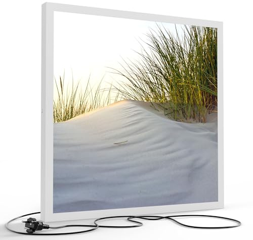 DEQORI LED-Wandbild Düne mit Dünengras | Größe 60x60 cm | moderne Decken- & Wandleuchte mit hochwertigem Motivdruck auf PVC – stilvoll für Büro, Flur & Wohnräume – Farbe: Weiß