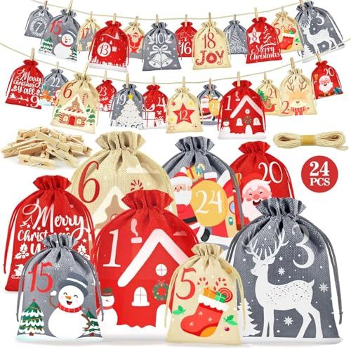 Adventskalender för fyllning barn 24 påsar, 2026 julkalender gör-det-själv fylla 4 storlekar, gör-det-själv adventskalender påsar jultomten för barn och vuxna