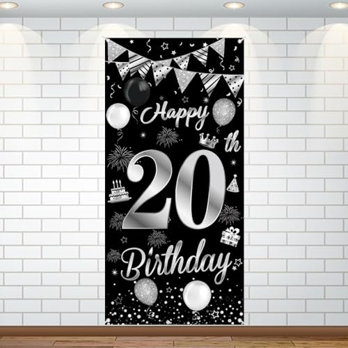 Décorations d'anniversaire pour 20 ans - Bannière « Happy 20th Birthday » - Noir et argenté - Décoration de cabine pour filles et garçons - Fournitures de fête - Accessoire photo - 180 x 90 cm