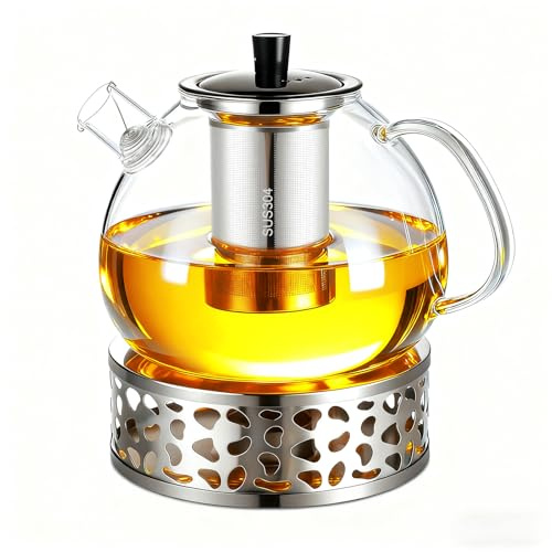 Tetera de vidrio para té 1500 ml - con base de acero inoxidable y filtro extraíble, fabricada en vidrio de borosilicato resistente al calor, adecuada para té verde, té negro, infusiones y bolsas de té