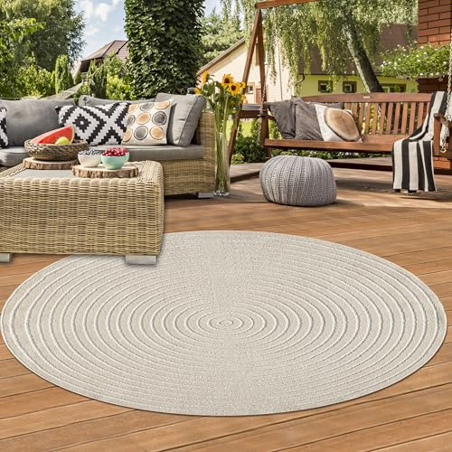 Teppich-Traum In- & Outdoor Teppich Rund Kreisstruktur Beige Ø 120 cm | Für Balkon, Terrasse, Gartenlounge & Flur, wetterfest, schnell trocknend, schmutzabweisend, robust und formstabil