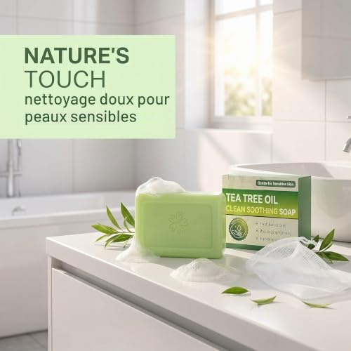 PYRUVAE Savon Antifongique à l'Huile d'Arbre à Thé (Tea Tree) - Lot de 2 avec Filet, Savon Anti Mycose pour Pieds et Corps, Nettoyant Antibactérien pour Acné,Démangeaisons et Odeurs,Formule Naturelle