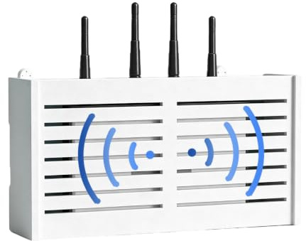 Caja Router Pared Blanco 38x20x8.5 cm, Caja para Router WiFi con Tapa Abatible, Almacenamiento Router Pared, Estante Pared Router para Señal Óptima, 2 Métodos de Montaje Pared Router【Sin Taladro】