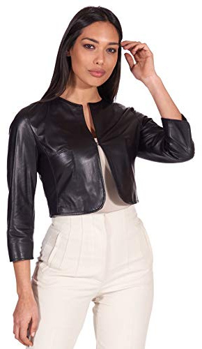 D'Arienzo Coprispalla Pelle Donna Girocollo Manica 3/4 Vera Pelle Made in Italy Miss Nero/M