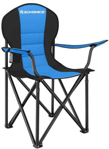 SONGMICS Strandstuhl, Campingstuhl, Klappstuhl mit Getränkehalter, Schaumstoffpolsterung, klappbar, bis 250 kg belastbar, Outdoor-Stuhl, blau-schwarz GCB06BU