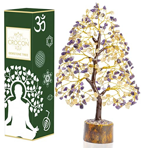 Crocon Amethyst & Citrine Gemstone Tree Feng Shui Figurine Money Bonsai Good Luck Chakra Balancing Reiki Healing Crystals Decoration Ornament Sculpture Prosperity Table Decor Gift Size 10-12