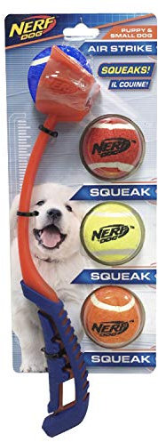 Nerf Dog 5-teiliges Hundespielzeug-Geschenk-Set, enthält 33 cm Air Strike Launcher und 5,1 cm Quietsch-Tennisball, 4er-Pack, Nerf Tough Material, mehrfarbig