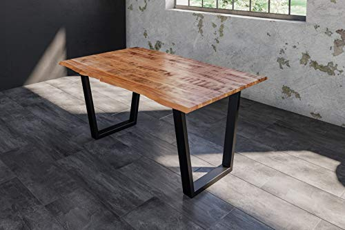 SAM Esstisch Dora 140 x 80 cm, Mangoholz massiv, lackiert & naturfarben, Baumkantentisch mit V-Metallgestell in Mattschwarz, echte Baumkante, 26 mm