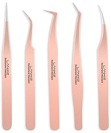 LK LANKIZ LANKIZ - Juego de 5 pinzas para extensiones de pestañas de volumen, pinzas de acero inoxidable para extensiones, color oro rosa