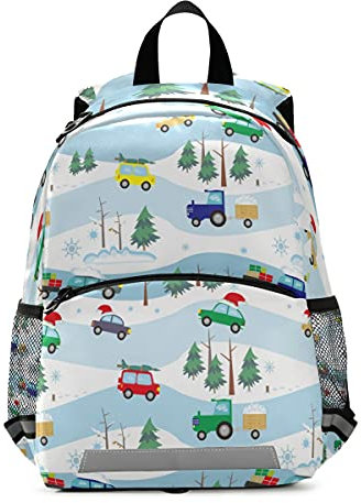 ISAOA Kleinkind-Rucksack mit Zügeln für Jungen und Mädchen, Frohes neues Jahr, Weihnachten, Autos auf Hügel, Kinderrucksack, Kindergarten, Reisetasche mit Brustclip, mehrfarbig, Einheitsgröße