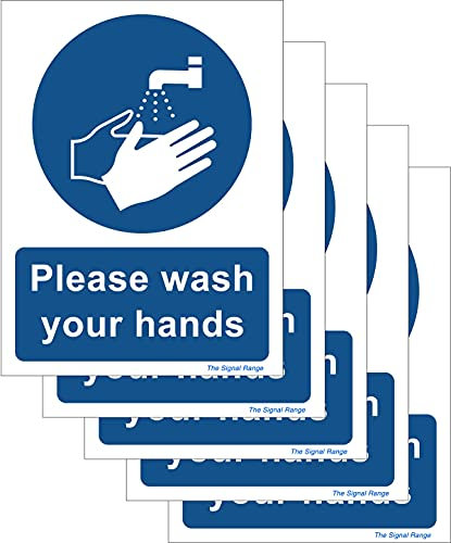 The Signal Range Pack of 5 Minimalist White Vinyl Plastic Safety Signs - 135 x 180 mm - Please Wash Your Hands