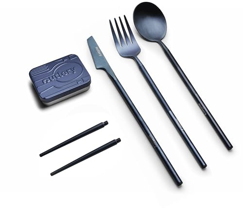 Reisebesteck von Outlery - Camping Besteckset für 1 Person mit Essstäbchen und Etui in Hosentaschenformat, Spülmaschinengeeignetes Edelstahl, Leicht Reinigbar - Für Picknick und Unterwegs, Walblau