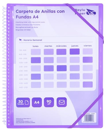 Raylu Paper® – Carpeta clasificadora con anillas con fundas transparentes A4 de 90 micras y sobre con cierre, tapa personalizable. Carpeta de fundas 100% biodegradable. (20 Fundas, Violeta)