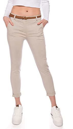 Kendindza Chino Damen Hose Stretch mit Gürtel Stoffhose Damen elegant lang