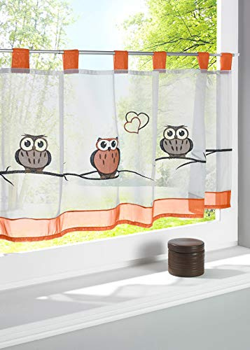 Devola Scheibengardine Eule-Muster Bestickte Kurzgardine Transparente Voile Bistrogardine Schlaufen-Kurzstore Tür Gardine Küche Fenstergardinen HxB 30x90cm Orange 1er Pack