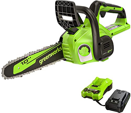 Greenworks 24V 25cm Motosega Elettrica a Batteria con Batteria da 2 Ah e Caricabatteria, Velocità Catena 4,3 m/s, Lubrificazione Automatica, Kit Motosega con Protezione Anti-Contraccolpo