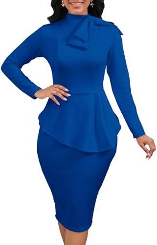WanMem Women Formal Bodycon Peplum Work Midi Dress Long Sleeve Bow Ruffle Pencil Cocktail Party Dresses