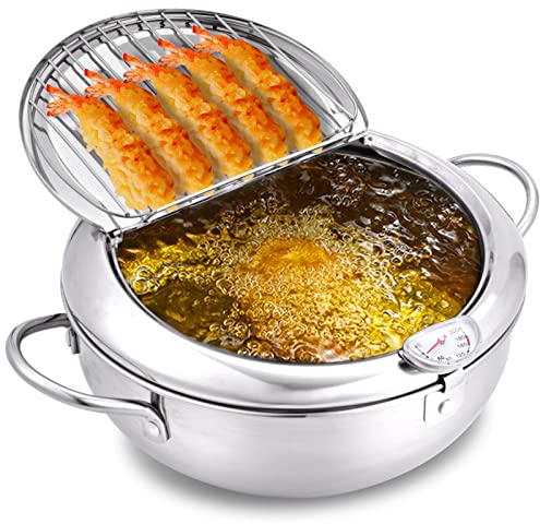 Fritteuse, 3,4 L Edelstahl-Fritteuse Im Japanischen Stil, Leicht zu Reinigen, Mit Temperaturregelung Und Ölabtropfgestelldeckel Für Pommes Frites, Fisch, Hähnchen, Paneer Pakoras(Medium-Silber)