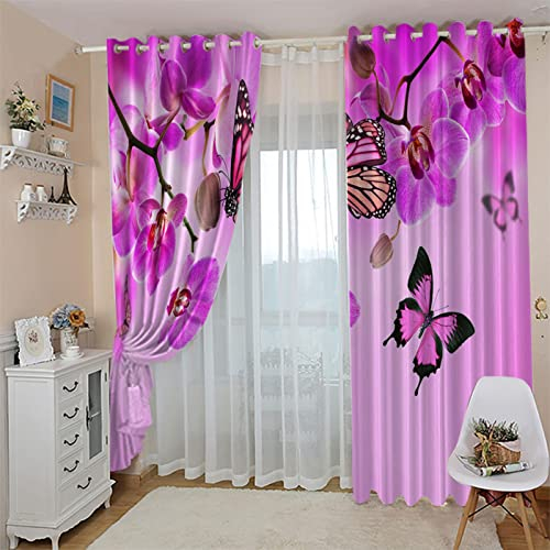 TFLABS Fenster Vorhang Schlaufen-Vorhang 2 Stück x 168 B x 229cm H Lila Blumen & Schmetterlinge Dekorative Gardine Schlaufenschal Fenster-Schal
