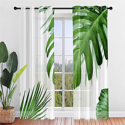 Hiseng Voile Vorhänge mit Ösen Durchsichtig Halbtransparent Ösenvorhang für Fenster Wohnzimmer Schlafzimmer Pflanzen Blätter Moderne Transparent Gardine 2er Set (107x213cm,Weiß einfach)