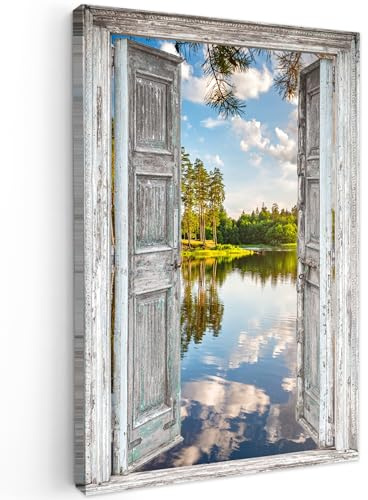 MuchoWow© Bilder Groß XXL Wohnzimmer Deko Modern Wandbild Foto auf Leinwand | 80x120 cm - Bild Schlafzimmer Room Decor Geschenke Wasser - Landschaft - Fenster - Blick