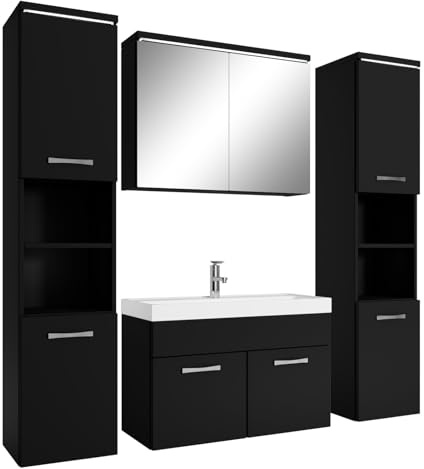 Badplaats Badmöbel Komplettset Paso XL LED 80 x 40 cm Schwarz Matt - Badezimmermöbel mit Waschbecken, Spiegelschrank und 2 Badezimmerschränke