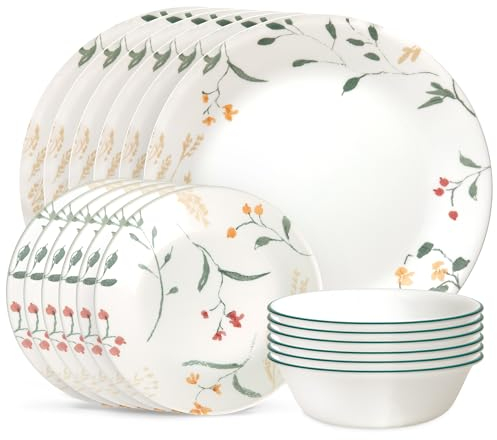 Corelle Vitrelle 18 Piece Glass Dinnerware Sets, Service for 6, Triple Layer Chip & Crack Resistant Glass Plate and Bowl Sets, Wildflower