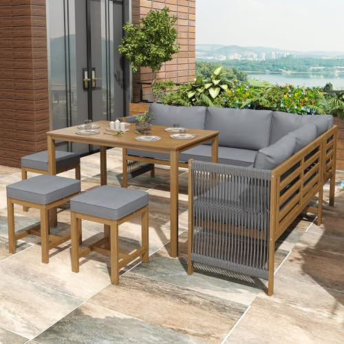 Dolamaní Gartenmöbel Set, Garten-Essgruppe für 7–8 Personen, Ecksofa, Polyrattan Lounge, Balkonset, Outdoor-Tisch- und Stuhl-Set, 3 Hocker und 1 Tisch, Terrassenmöbel mit Kissen, Akazie (Grau)