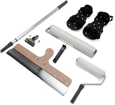 Set attrezzi per pavimenti resina epossidica composto livellante | Rullo frangibolle da 40 cm e 25 cm | Manico telescopico | Raschietto livellatore | Scarpe chiodate
