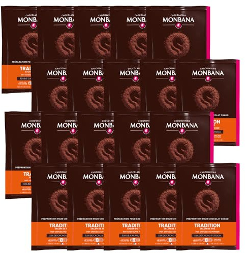 MONBANA - 20 sachets de chocolat en poudre Salon de Thé -20g | Doses individuelles de 20 g de chocolat en poudre à déguster tout au long de la journée - Chocolat Chaud, Petit Déjeuner