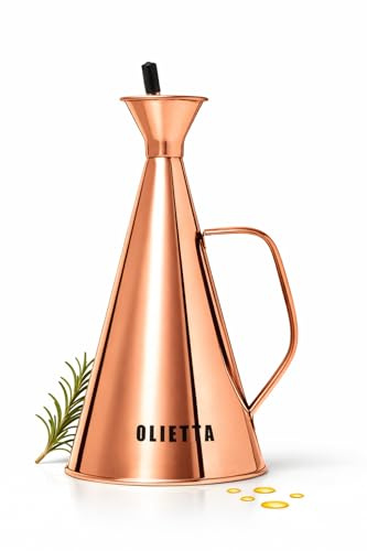 Olietta Oljedoserare i Koppar Rostfritt Stål – 1000 ml (1 l) droppfri och läckagesäker flaska för olja & vinäger – Perfekt för att hälla och ringla – lätt att rengöra