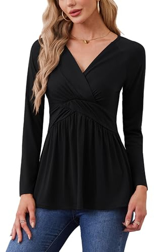 TIANZHU Top per le donne Empire Waist Wrap Baby Doll tunica top manica lunga taglio basso camicia scollo a V camicetta fluida taglia 8-26, Nero , XL