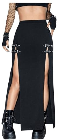GORGLITTER Women's Summer Gothic Maxi Skirt Split Thigh Goth High Waisted Elasticated Waist Sexy Clothes Femboy Long Skirts Black M