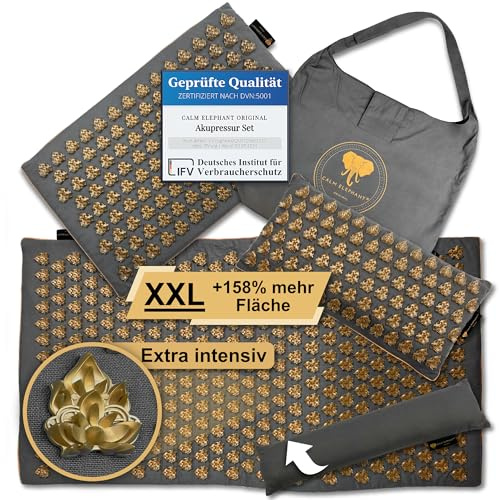 CALM ELEPHANT ORIGINAL MANDALA PRO XXL Set 5 pz Tappetino Agopressione con Cuscini per Collo e Lombare, Tappetino Piedi, Funzione Riscaldante, 13.064 Punte Intense–Sollievo da Dolore e Stress – Grigio